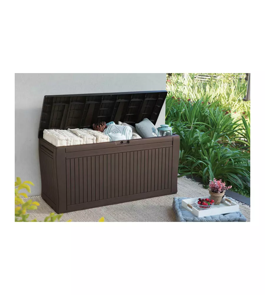 Baule da esterno keter "comfy" in resina grafite effetto legno 270 lt 116,7x44,7x57 cm